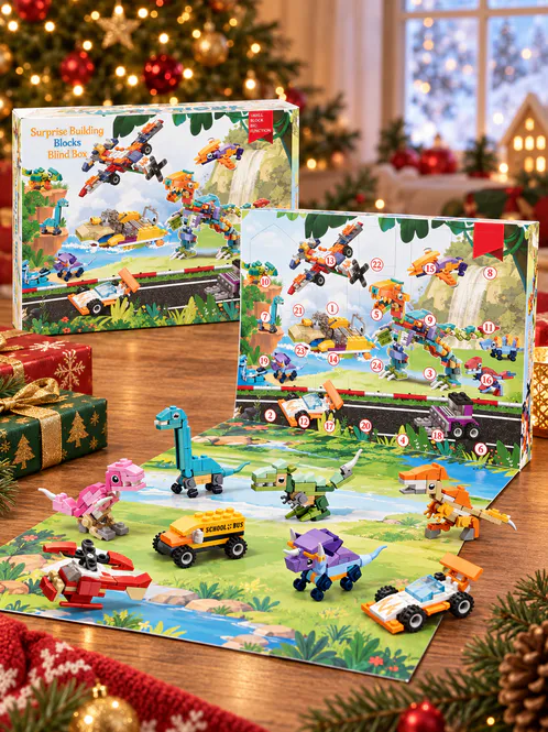 Hovedbilde Julekalender med 24 byggesett med biler, båter og dinosaurer