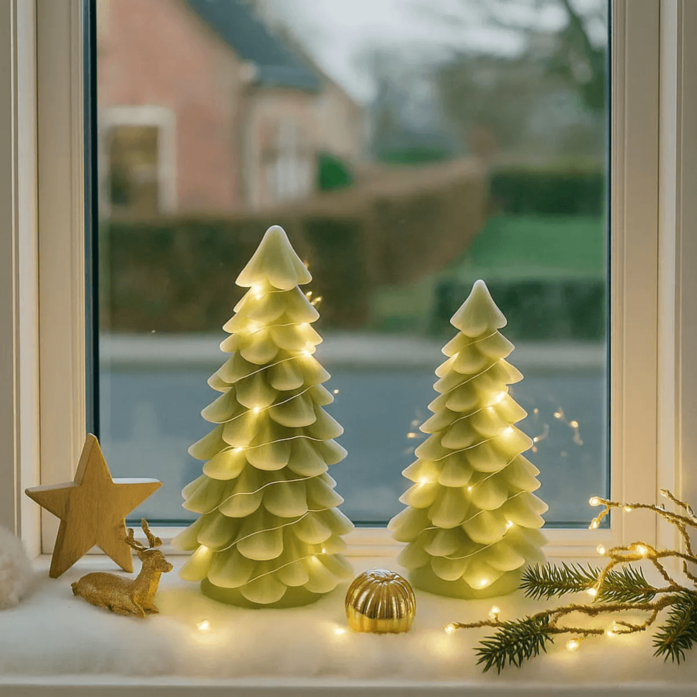2 pk med led juletrær med lyskjede