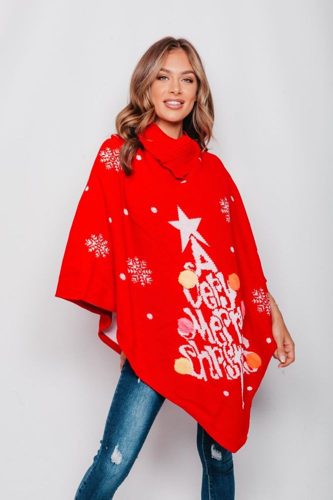 Juleponcho rød Merry Christmas - One size
