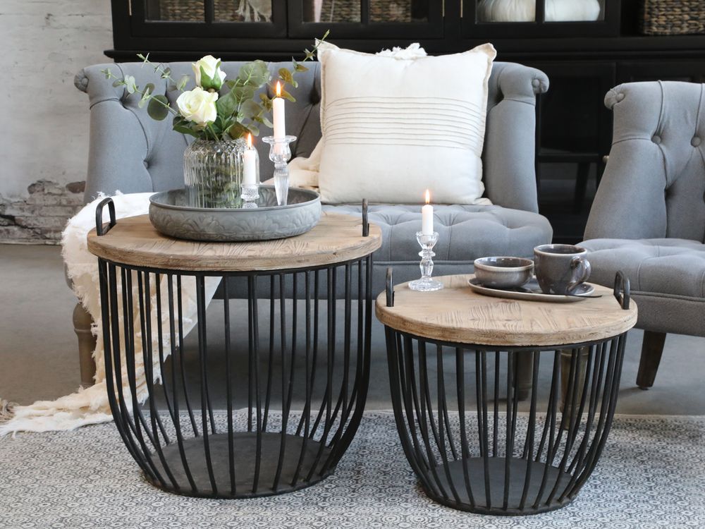 Sofabord i sort med trelokk - Sett med 2 bord - Chic Antique