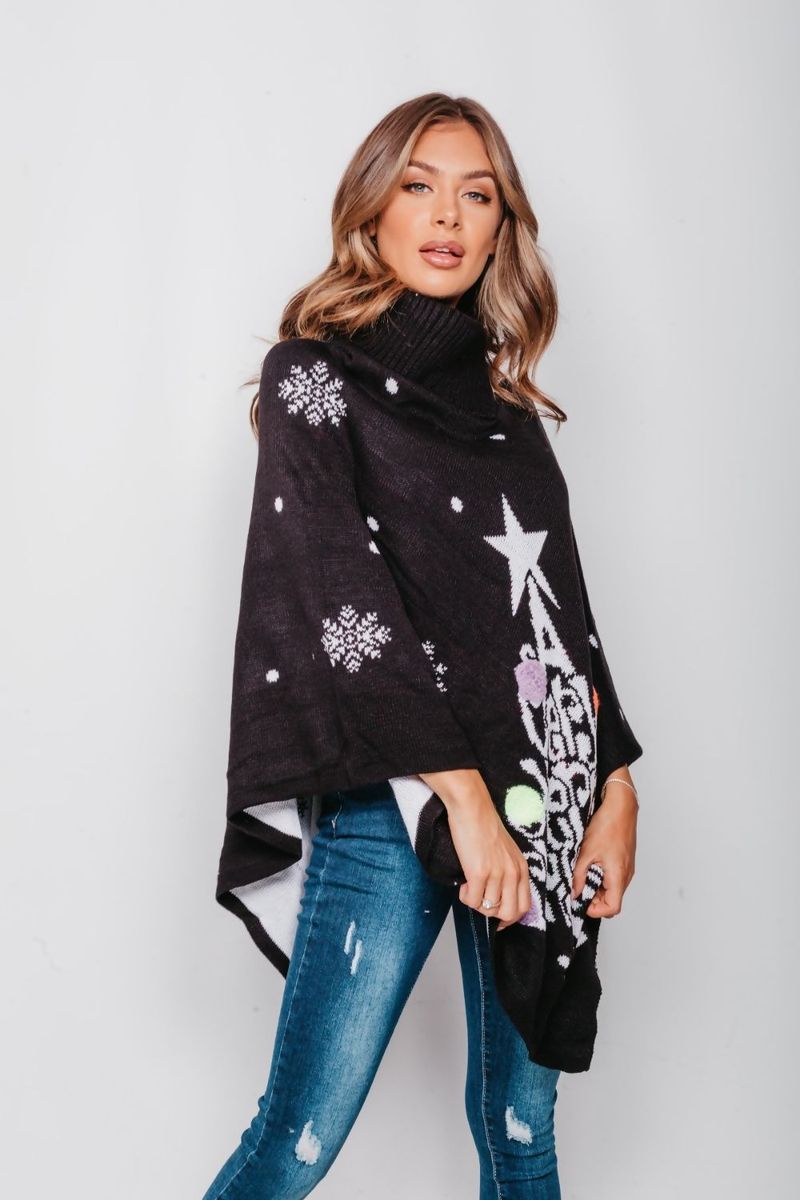 Juleponcho sort Merry Christmas - One size